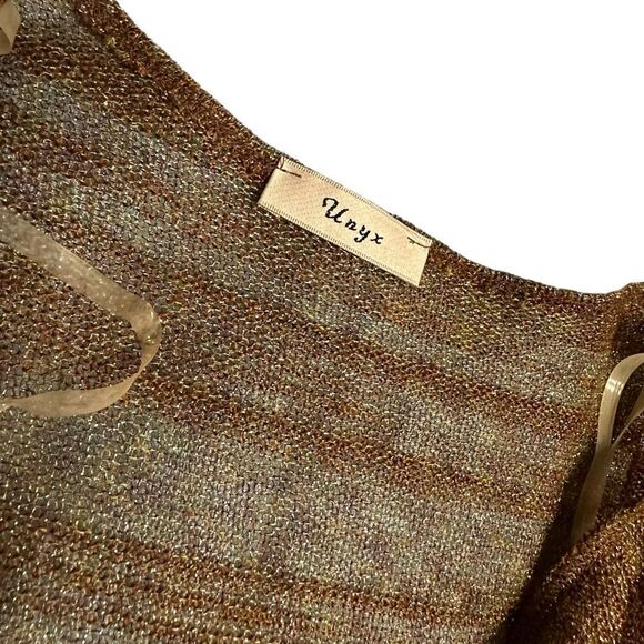 Y2K Unyx Brown sweater Twisted front metallic Gold fine knit top size medium - Picture 8 of 12